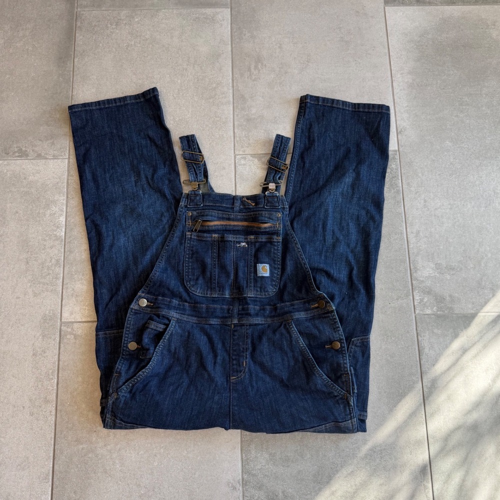 Vintage Carhartt Womens Denim Bib Overalls Dark Wash Double Knee S 4/6 Regular